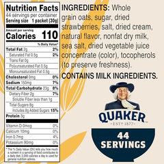 Close-up of Quaker instant oatmeal packets, Strawberries and Cream flavor for a grab-and-go breakfast.