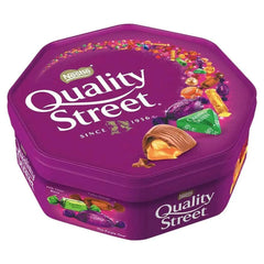Quality Street Chocolate Tub 550g assortment close-up, varied sweets for celebrations