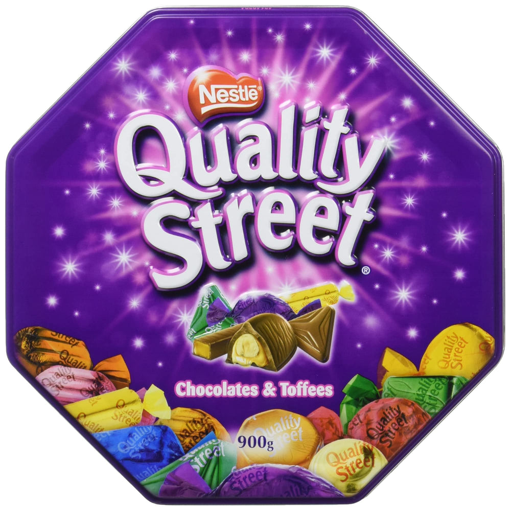 Quality Street decorative metal tin with 2lb assorted chocolates, ideal for gifting