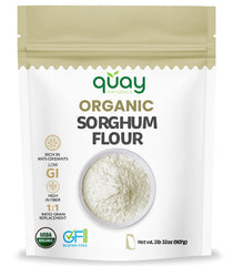 Quay Naturals sorghum flour bag front, gluten-free baking versatility.