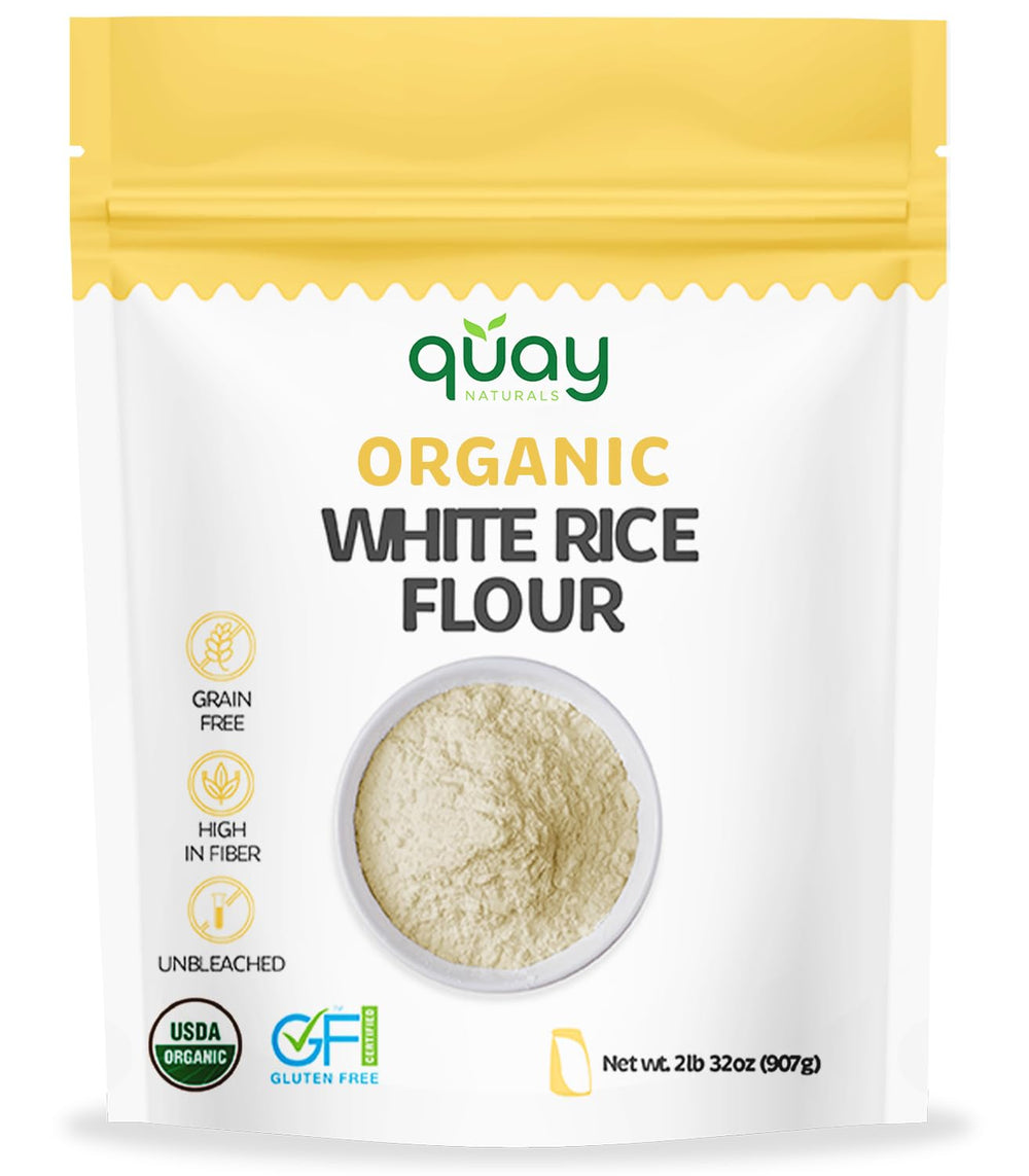 Quay Naturals white rice flour bag front showcases gluten-free baking base.