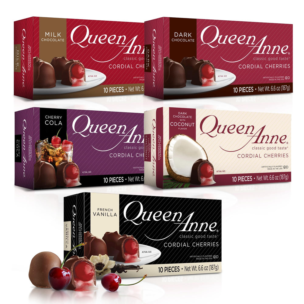 Queen Anne chocolate cordial cherries variety pack front view, ideal for gifting occasions.