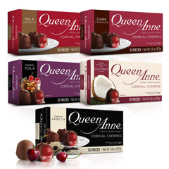 Queen Anne chocolate cordial cherries variety pack front view, ideal for gifting occasions.