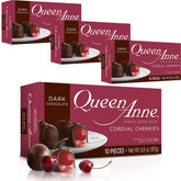 Queen Anne dark chocolate cordial cherries in packaging box, ideal for gifting and celebrations.