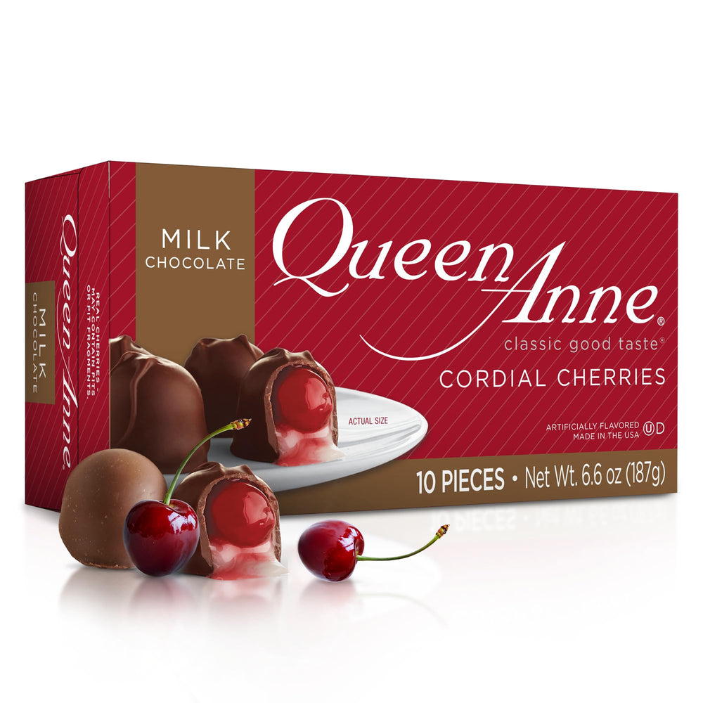 Queen Anne gift box with 10 milk chocolate cordial cherries, ideal for gifting.