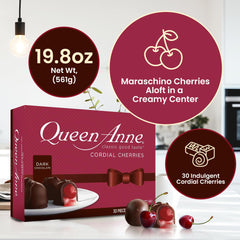 Queen Anne milk chocolate coating surrounds a smooth cherry bite.