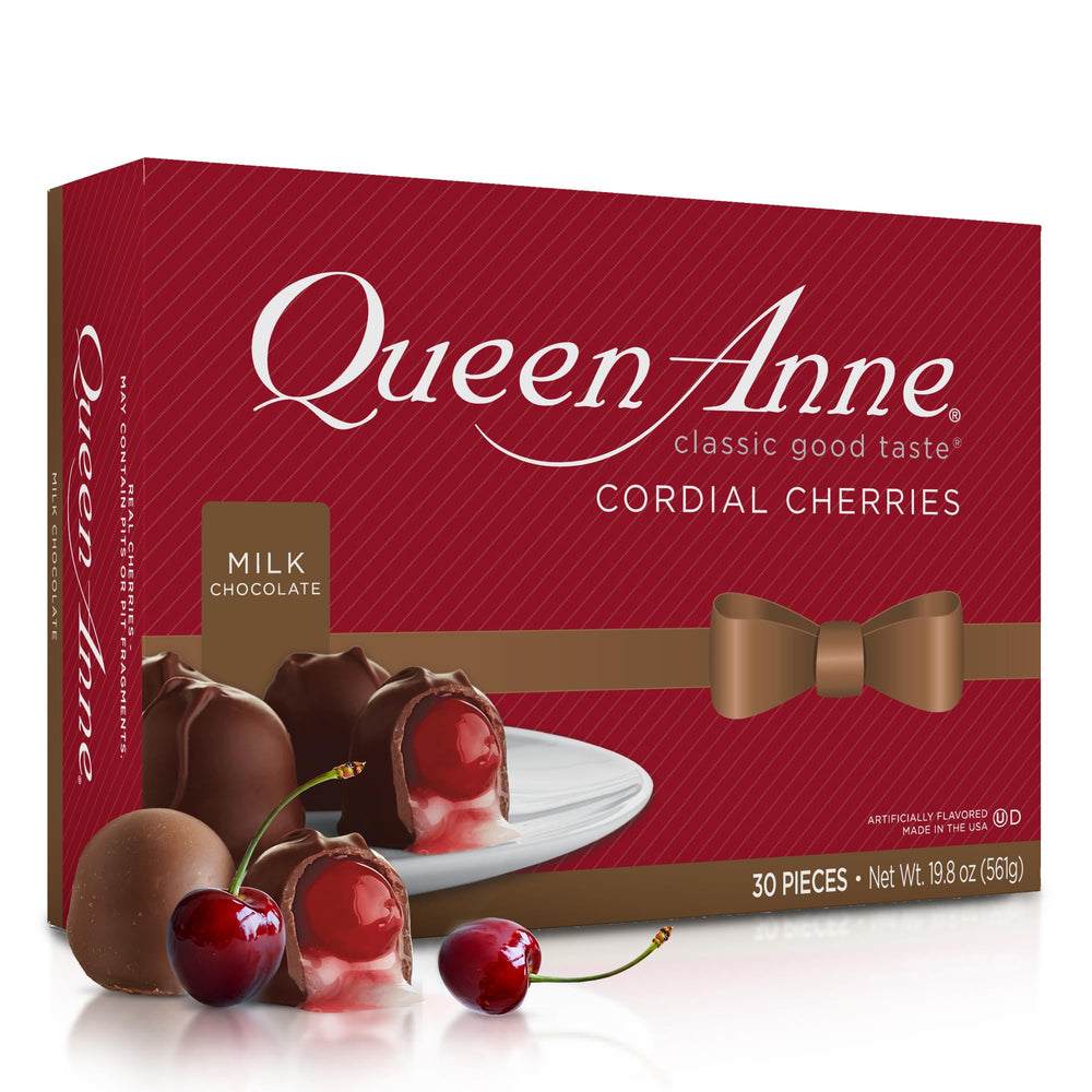 Queen Anne milk chocolate covered cordial cherries gift box front view