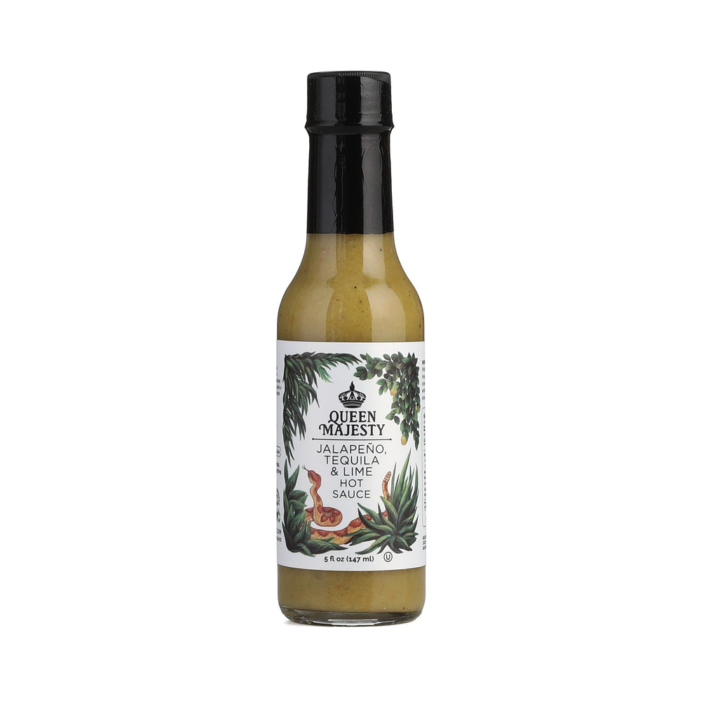 Queen Majesty Jalapeño Tequila Lime hot sauce bottle-front—bold citrus heat for seafood and tacos.
