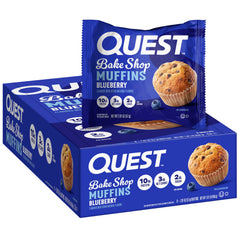 Quest Bake Shop Blueberry Muffins pack showing 10g protein per serving.