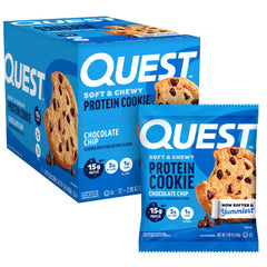 Quest Chocolate Chip Protein Cookie packaging shown for convenient grab-and-go snacking