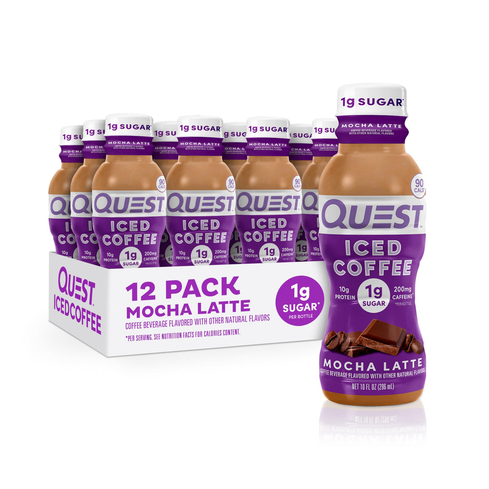 Quest Mocha Latte iced coffee bottle with on-the-go energy.