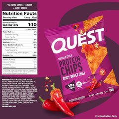 Quest Nutrition tortilla chip bag on shelf highlighting gluten-free protein snack