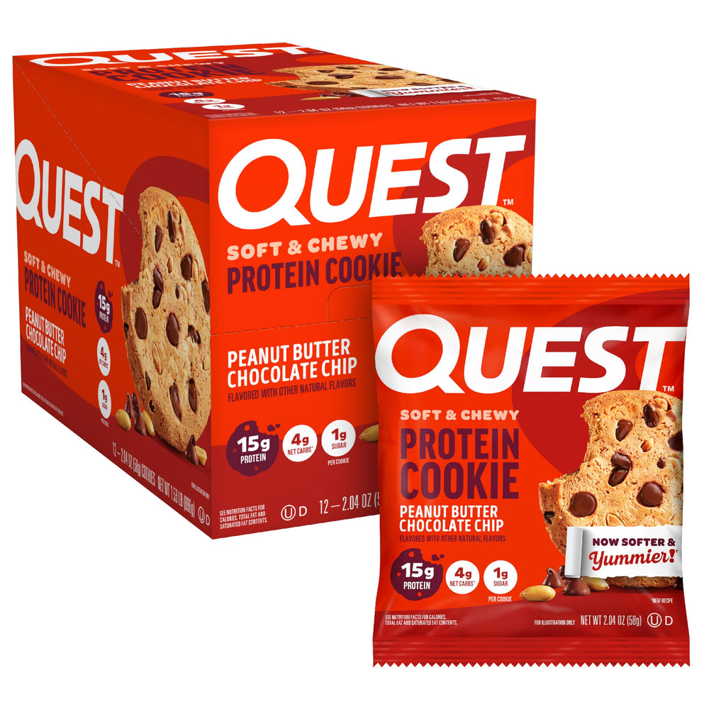 Quest Peanut Butter Chocolate Chip cookie in pack, ideal for on-the-go protein.