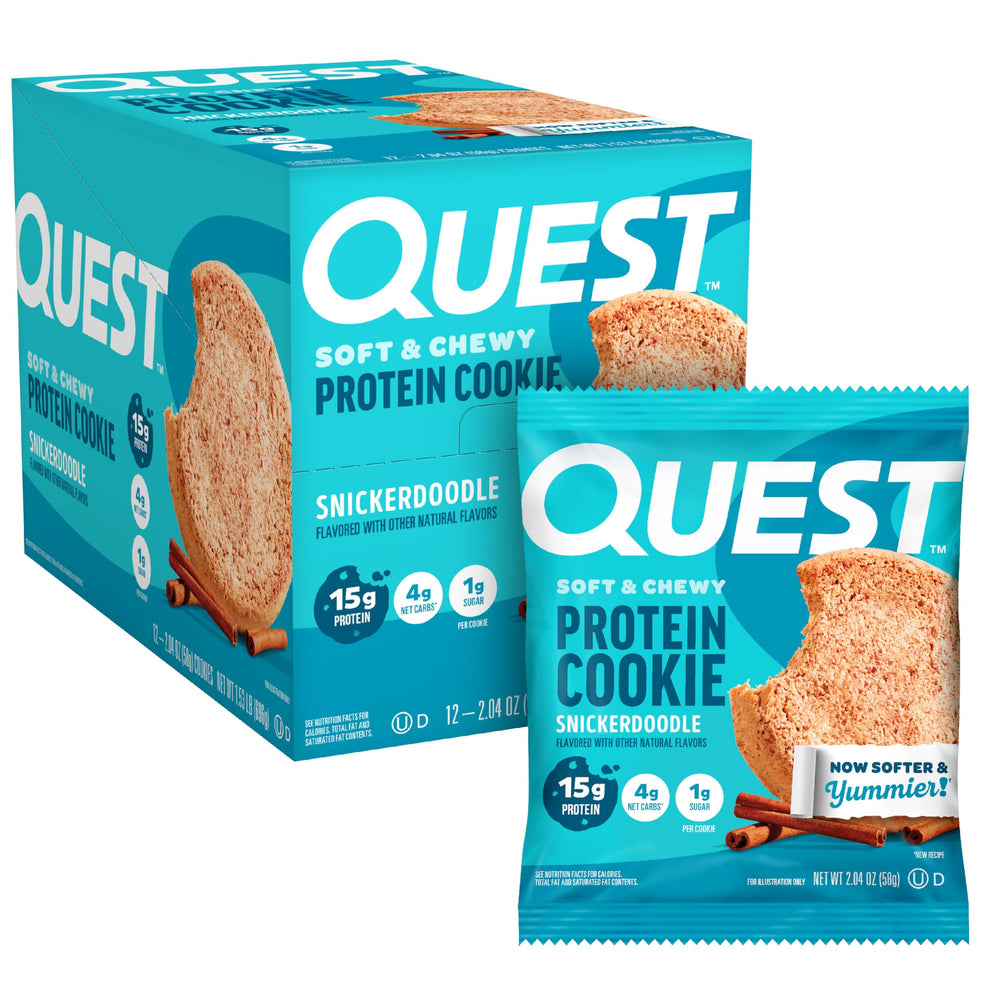Quest Snickerdoodle protein cookie packaging shows a convenient high-protein snack.