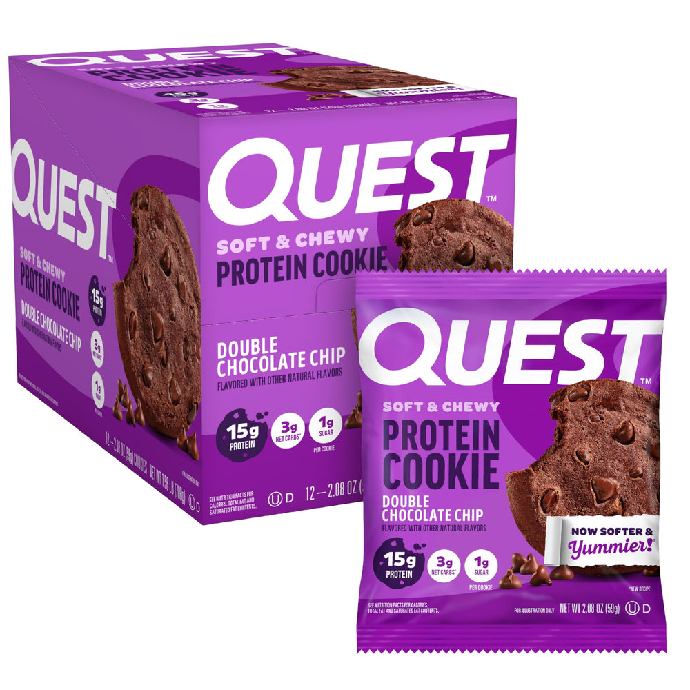 Quest soft & chewy Double Chocolate Chip cookie pack front for on-the-go fueling.