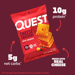 Quest Spicy Cheddar Crackers in hand for a protein-forward snack.