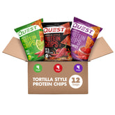 Quest tortilla-style protein chips variety pack packshot highlighting high-protein snack options for on-the-go