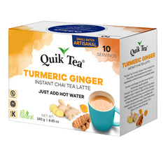 QuikTea turmeric ginger chai latte ingredients closeup, showcasing natural spices for rich flavor
