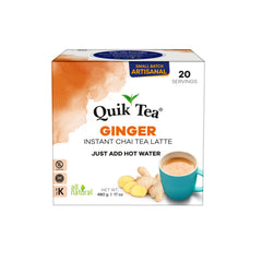 Quik Tea Ginger Chai Latte packaging highlights bold flavor for a quick morning pick-me-up.