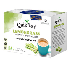 Steam rises from a cup of Quik Tea Lemongrass Chai Latte