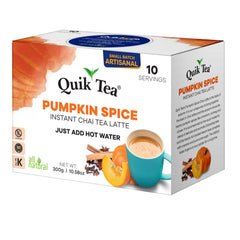 Quik Tea Pumpkin Spice Chai Latte dried tea packet, simple ingredients for easy preparation.