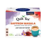 Quik Tea saffron masala chai latte packaging showcases convenient single-serve sachets for quick prep