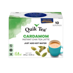 QuikTea Cardamom Instant Chai Latte cup steaming for a cozy start