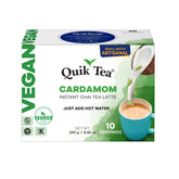 QuikTea instant vegan cardamom chai latte packaging for quick, cozy mornings.