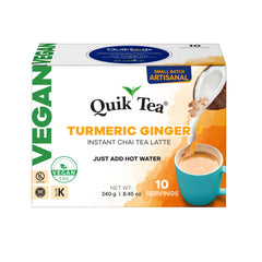 QuikTea instant vegan turmeric ginger chai pouches ready to brew in hot water.