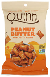 Quinn Snacks Peanut Butter Filled Pretzels packaging view for on-the-go snacking.