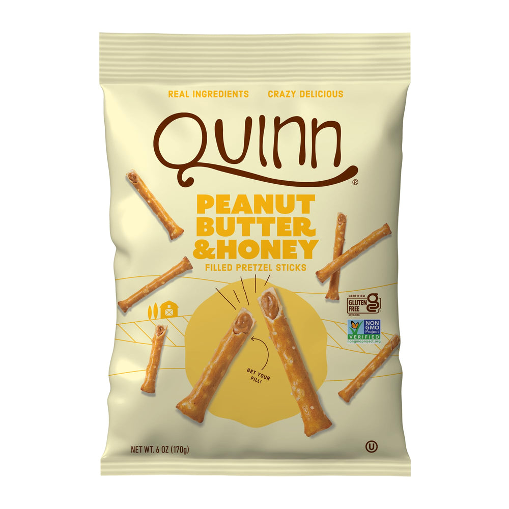 Quinn Snacks peanut butter honey-filled pretzel sticks pack offers a convenient gluten-free snack.