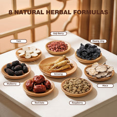 QUMIOBU eight-ingredient herbal mix close-up highlights natural blend.
