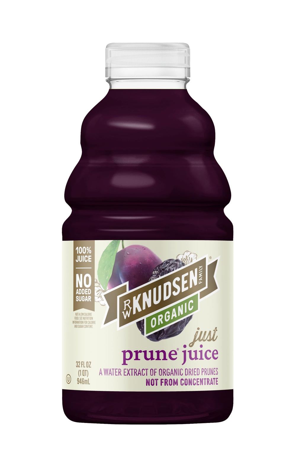 R.W. Knudsen Organic Just Prune Juice bottle shows 100% juice with no added sugar