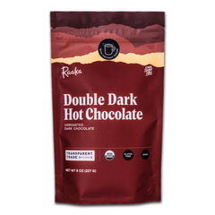 Raaka Double Dark Hot Chocolate Mix bag showing premium cacao for a gourmet cup