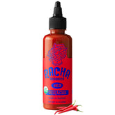 Racha Organics Mild Sriracha bottle label highlights organic peppers and clean ingredients.
