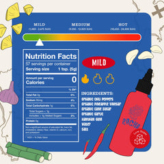 Racha Organics Mild Sriracha is being poured, adding subtle heat to dishes.