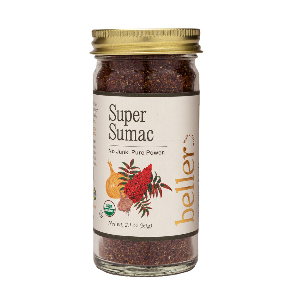 Rachel Beller's Power Pantry Super Sumac 2oz jar enhances meals with clean, organic flavor.