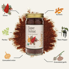 Close-up of Rachel Beller's Power Pantry Super Sumac label, showcasing organic, clean ingredients.