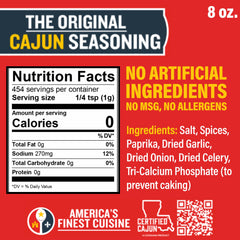 Ragin' Cajun Original Seasoning 8oz canister label visible, trusted Louisiana taste