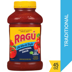 RAGÚ Old World Style label close-up highlighting traditional recipe and farm-grown tomatoes