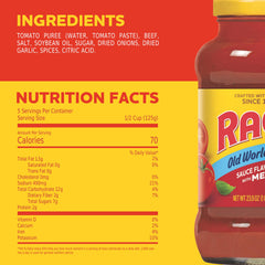 RAGÚ Old World Style sauce label highlights tomatoes and beef for rich flavor