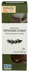 Raincoast Crisps packaging highlights rosemary raisin pecan crackers, premium ingredients.