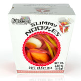 Raindrops Gummy Noodles takeout box closeup, playful party snack ready to share.