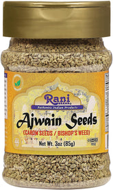 Rani Ajwain seeds in a jar, aromatic spice for curries and breads.