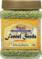 Rani Brand fennel seeds jar closeup highlighting premium whole spice aroma