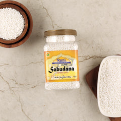 Front view of Rani Sabudana jar highlighting authentic Indian sourcing.