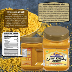 Rani Mild Curry Powder jar front shows salt-free, chili-free spice mix for versatile meals.
