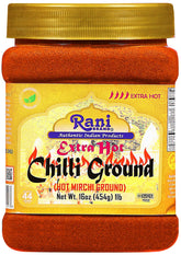 Rani Extra Hot Chilli Powder jar close-up, vibrant spice for bold meals.
