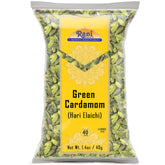 Rani Brand Hari Elachi green cardamom pods close-up for vibrant aroma in dishes.