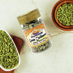 Rani Hari Elachi jar open revealing whole green cardamom pods